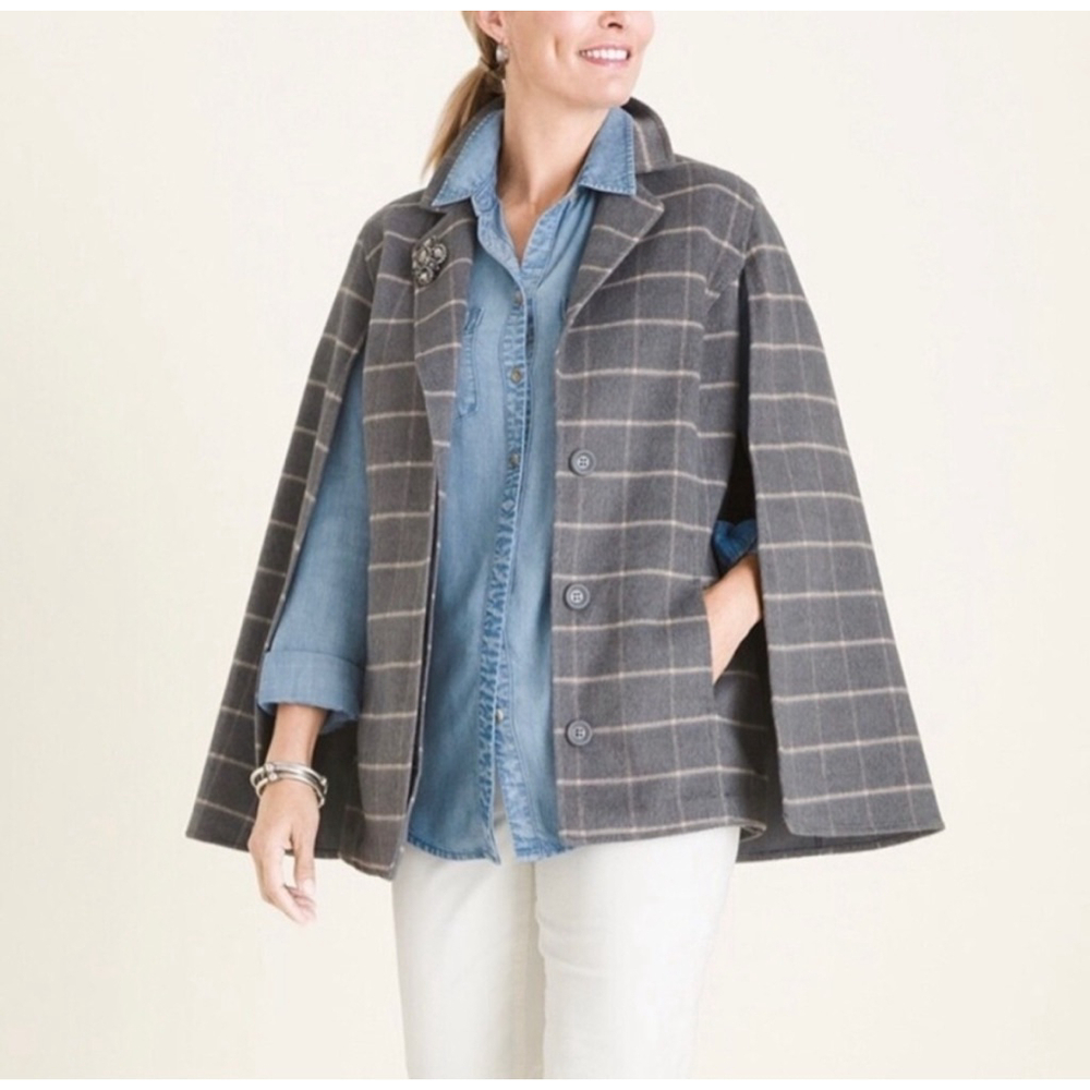 Chico's Windowpane Gray Plaid Plush Cape Jacket Women’s Size 2, US 12